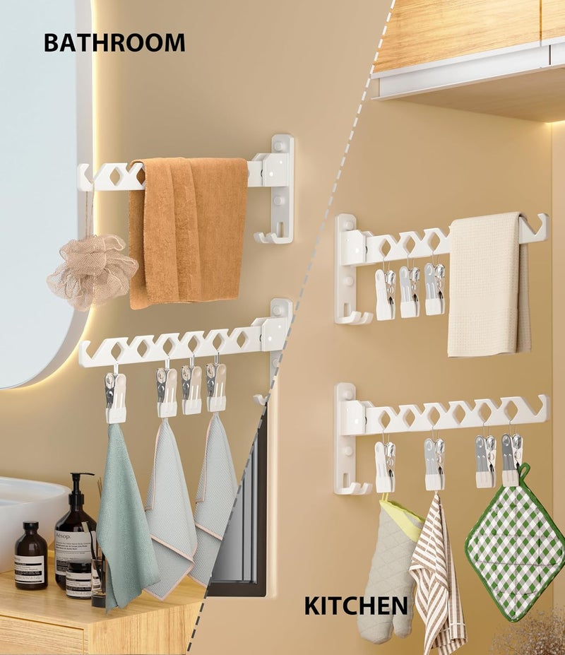 Dr.DJ Wall Mount Coat Hanger Holder White Clothes Drying Organizer Rack Garment Hooks Aluminium Retractable Folding Indoor Wall Mounted Hanger Space Saver for Laundry Room Bedroom White 2 Pack with 8 Hooks - Image 3